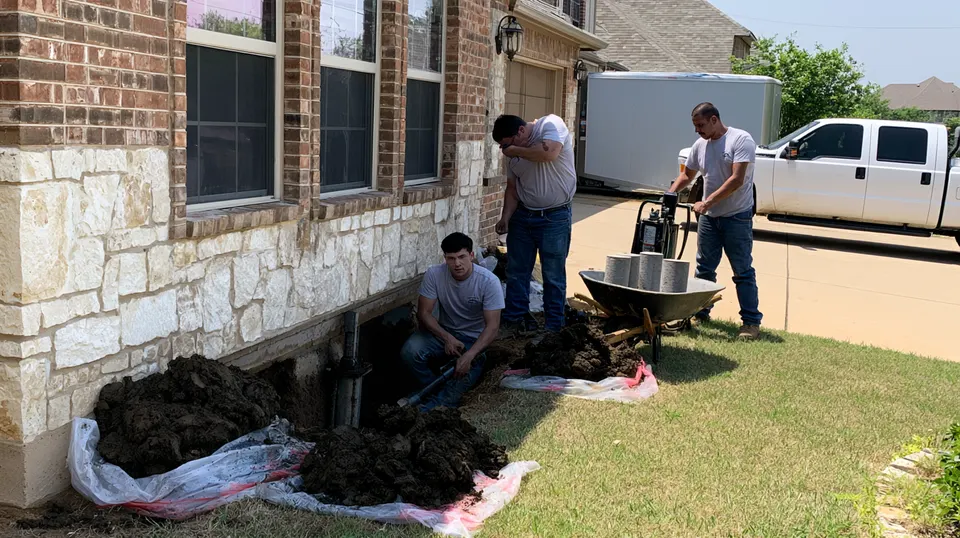 A crew setting steel piers beside a brick veneer single-story home on dark clay soil in a McKinney, Texas subdivision during foundation repair